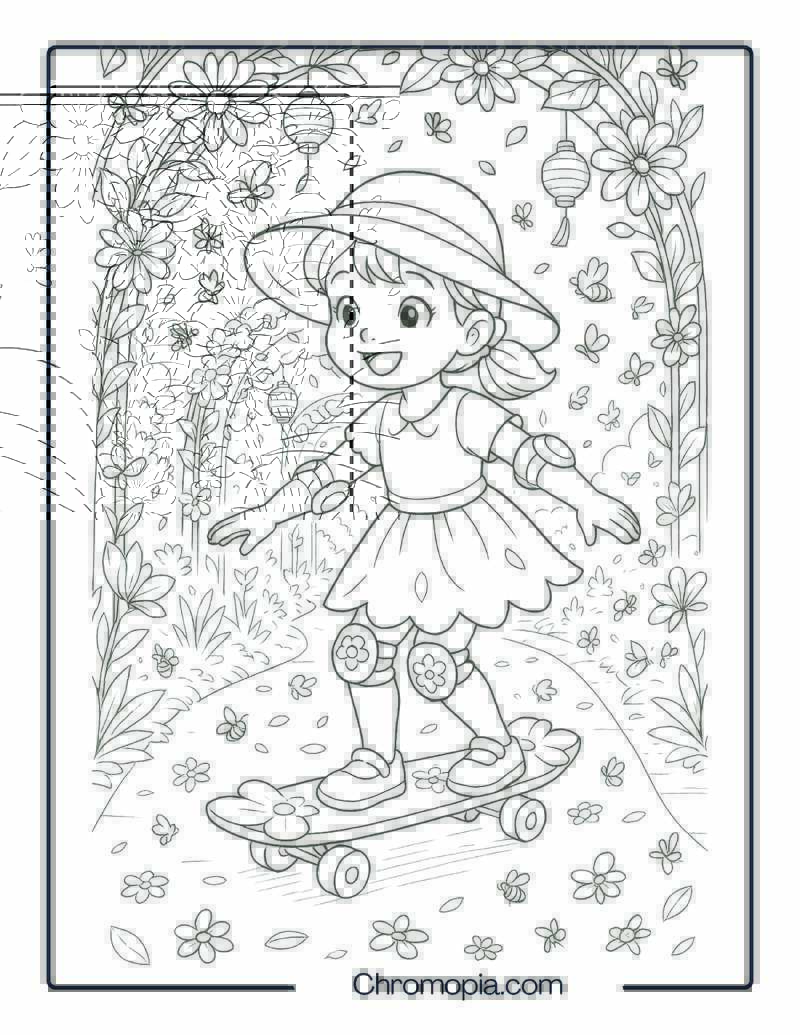 Girl Skating Through Flower Festival Path – Girl Skateboard Coloring Page