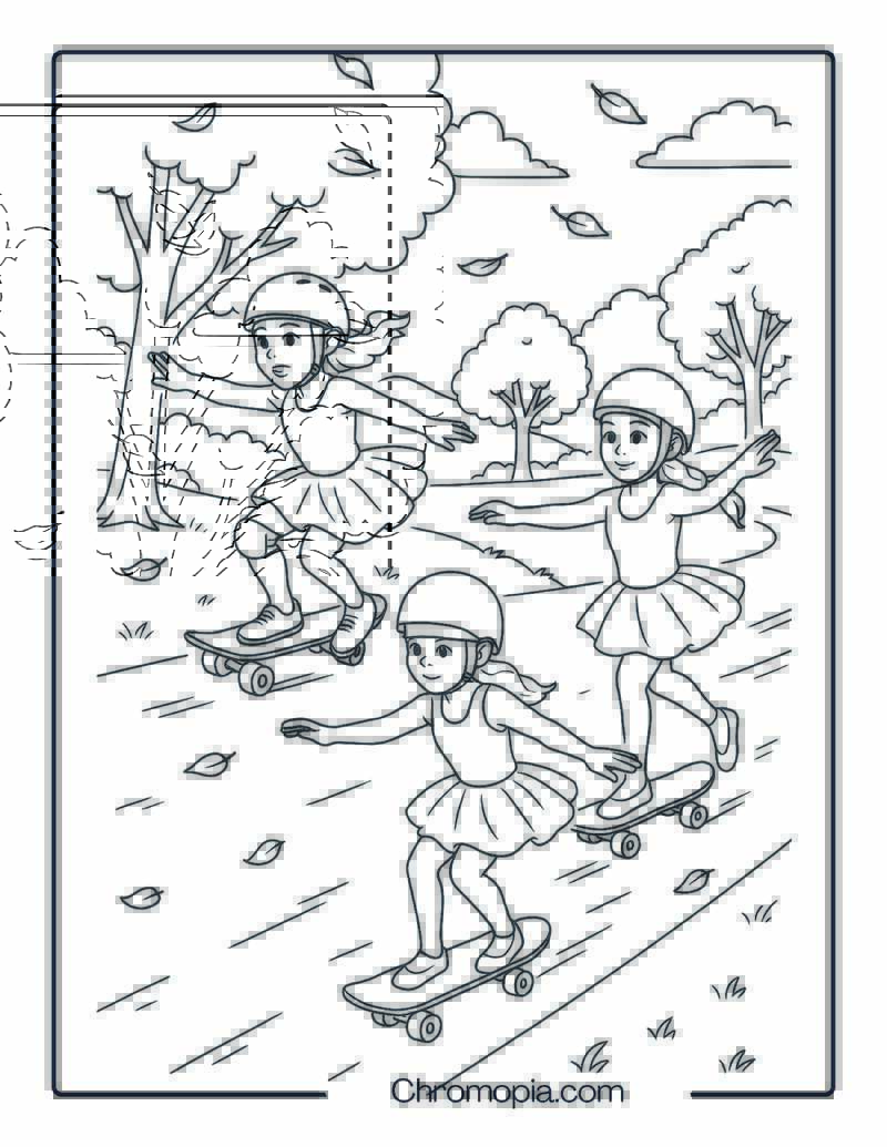 Girls in Ballet Skirts Racing in Park – Girl Skateboard Coloring Page