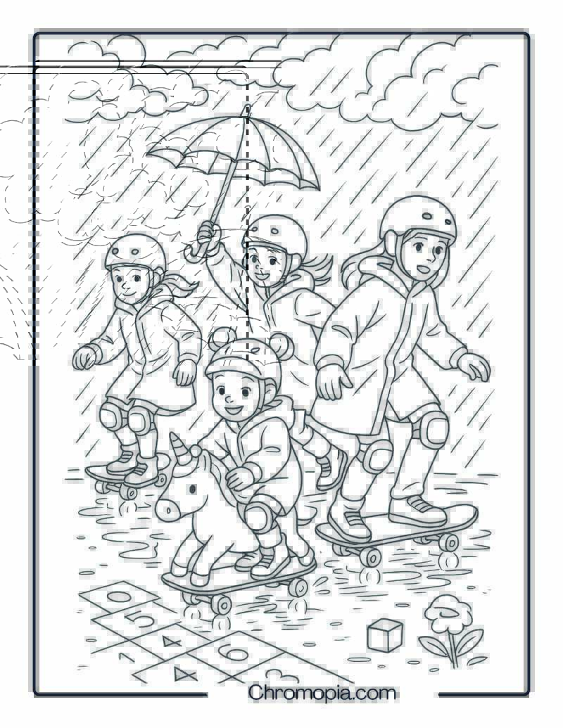 Group of Girls Racing Through Rain in Ponchos – Girl Skateboard Coloring Page