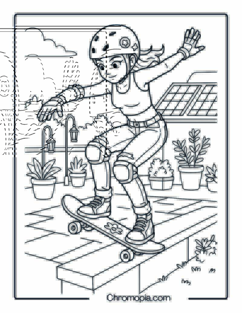 Teen Girl Performing Nose Manual in Rooftop Garden – Girl Skateboard Coloring Page