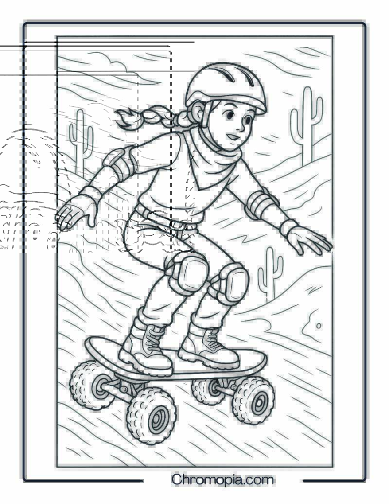 Teen Girl Sliding Down Sand Dune on Off-Road Skateboard – Girl Skateboard Coloring Page