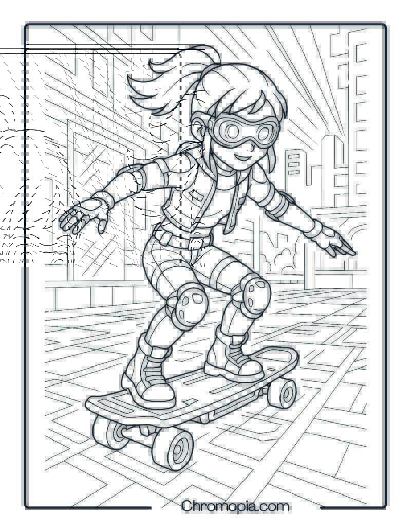Teen Girl in Cyberpunk Costume on LED Board – Girl Skateboard Coloring Page