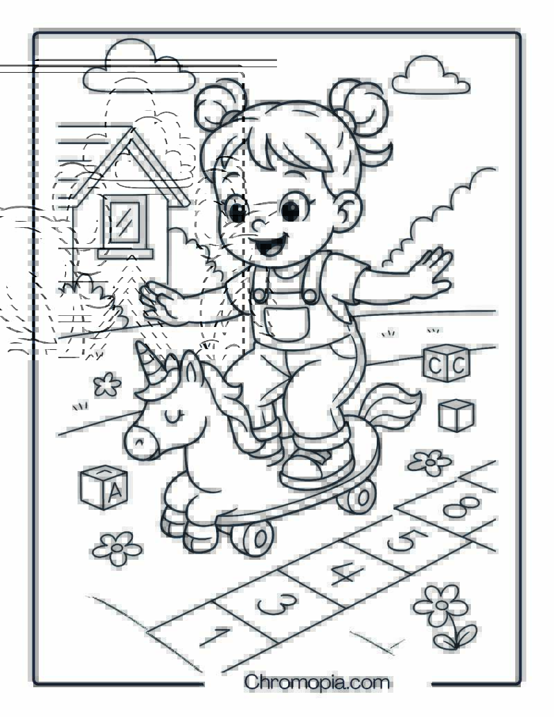 Tiny Girl on Unicorn-Themed Skateboard – Girl Skateboard Coloring Page