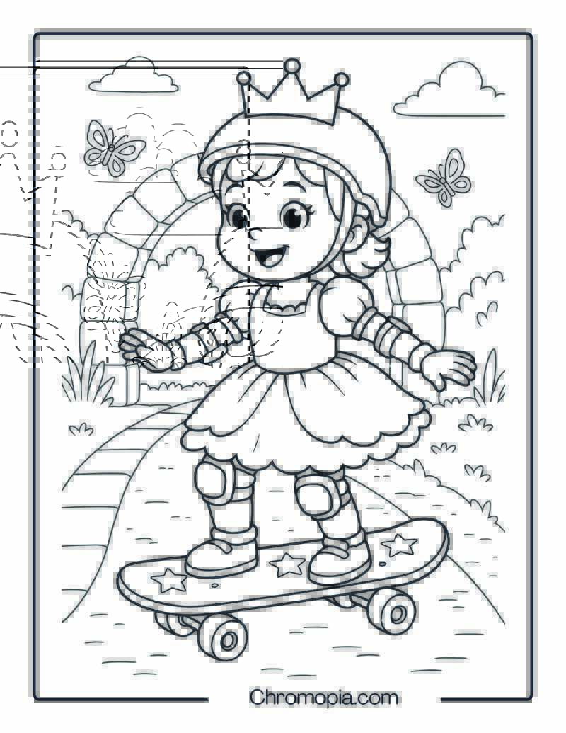 Toddler Girl in Princess Dress on Skateboard – Girl Skateboard Coloring Page