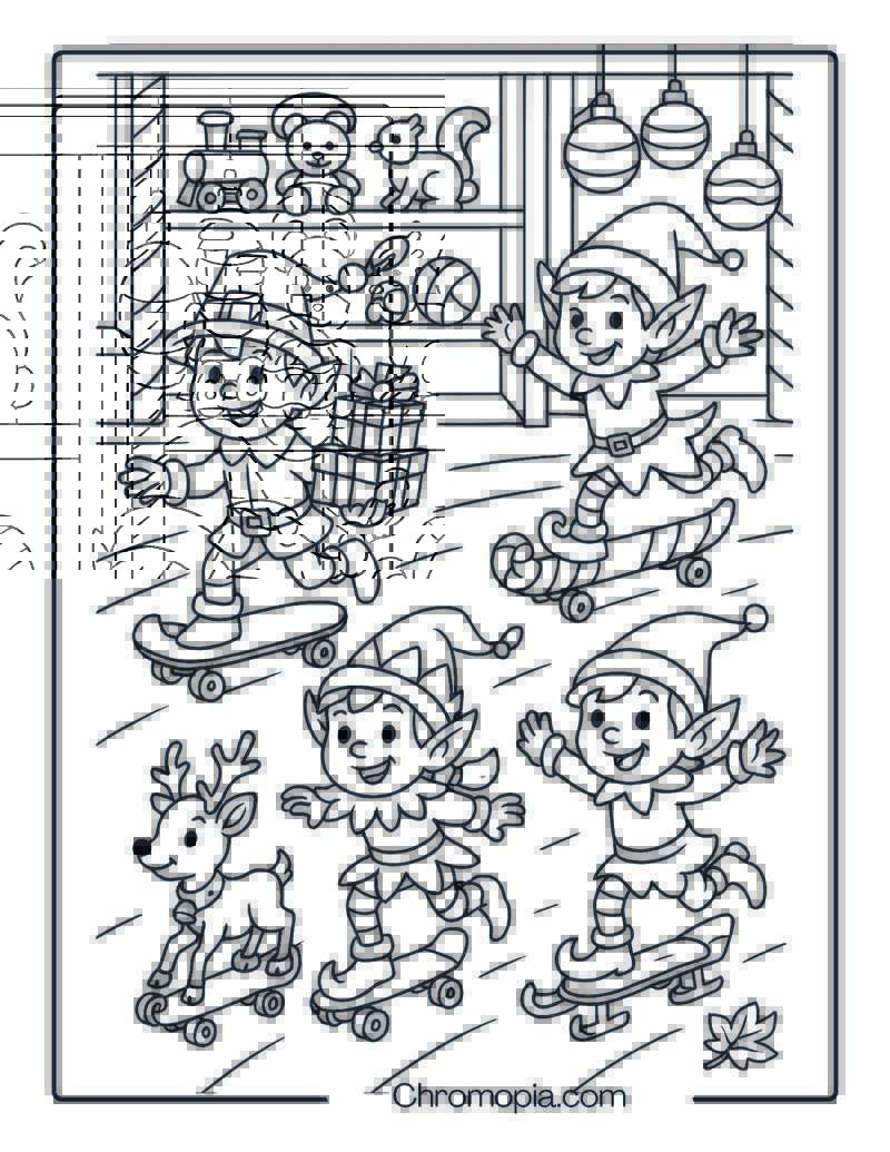 Christmas Elves and Reindeer Skating Through Toy Workshop – Skateboard Coloring Page