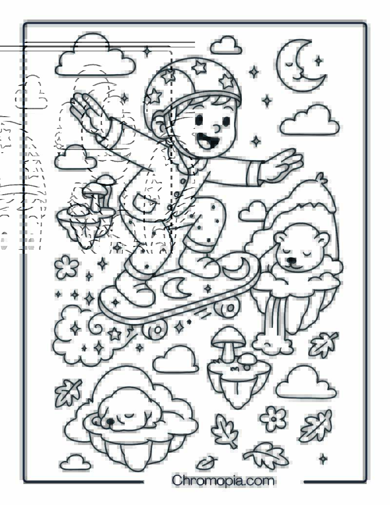 Dreamscape Skater Flying Over Floating Islands – Skateboard Coloring Page