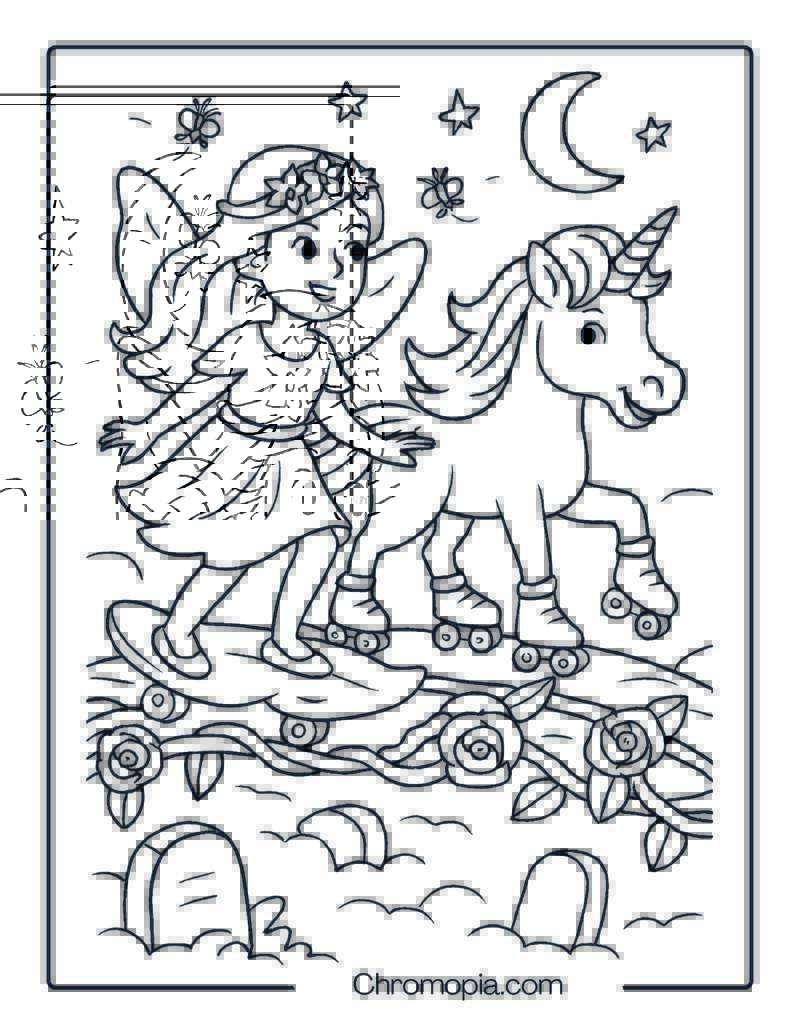Fairy Princess and Unicorn Skating Across Flower Bridge – Skateboard Coloring Page