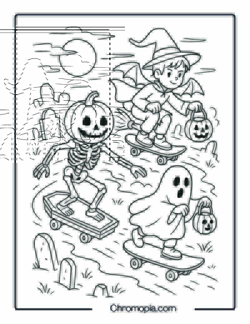 Halloween Pumpkin Riders Skateboarding Through Graveyard – Skateboard Coloring Page