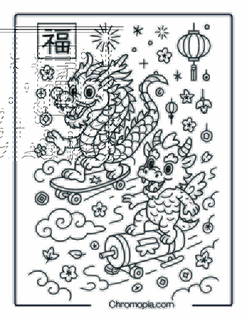 Lunar New Year Dragons on Rolling Firecrackers – Skateboard Coloring Page