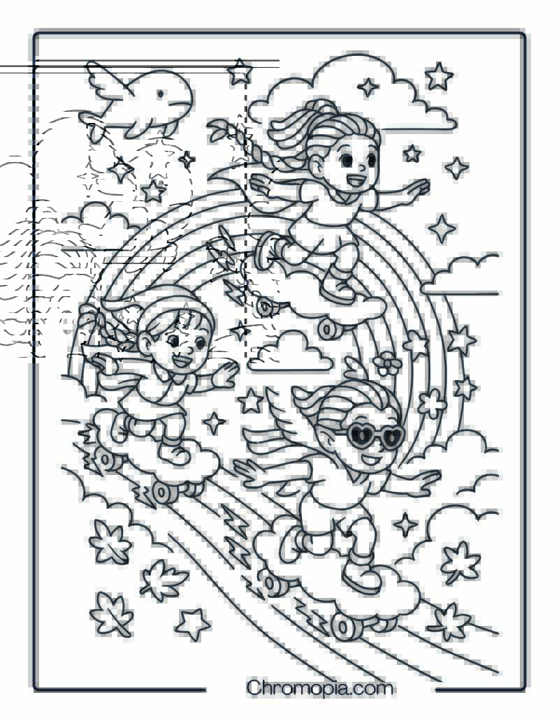 Rainbow Riders on Cloud Skateboards – Skateboard Coloring Page