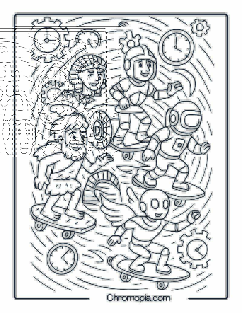 Time Traveler Skaters Through Portal Spiral – Skateboard Coloring Page