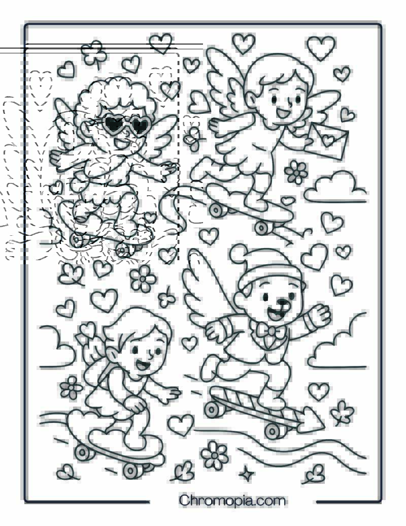 Valentine’s Cupid Crew Skating on Heart Trail – Skateboard Coloring Page