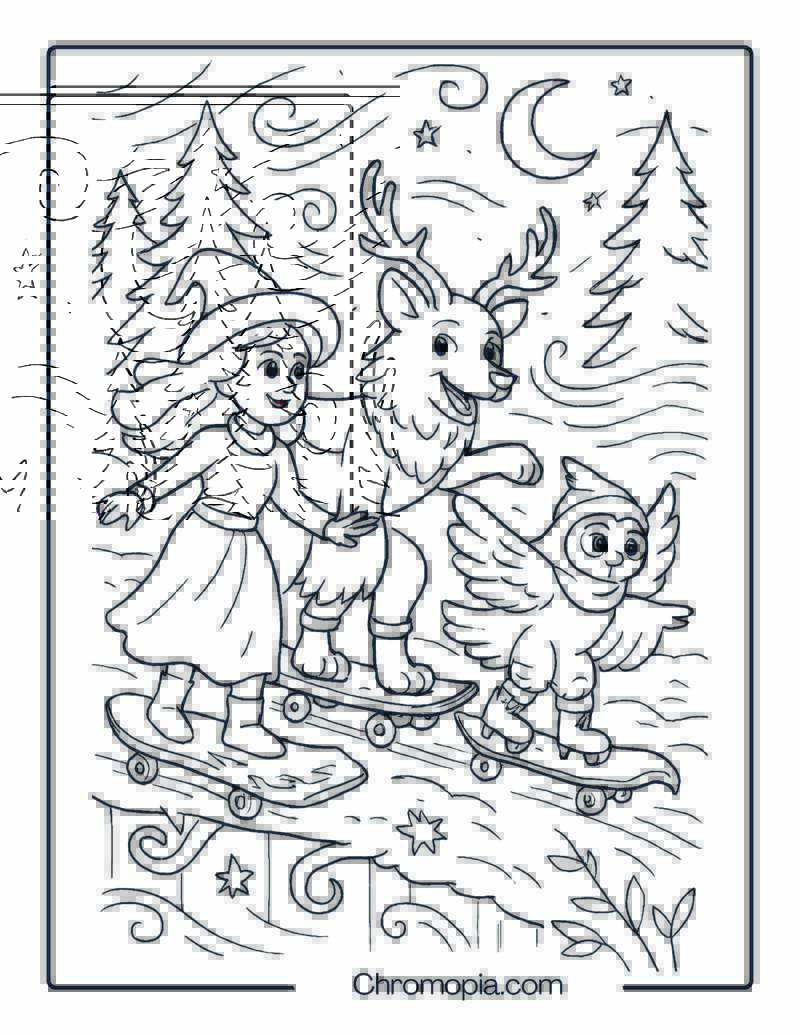Winter Solstice Skaters in Moonlight Forest – Skateboard Coloring Page