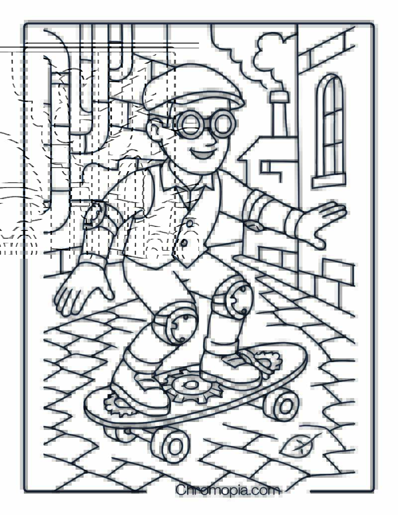 Man in Steampunk Gear on Gearwheel Skateboard – Man Skateboard Coloring Page