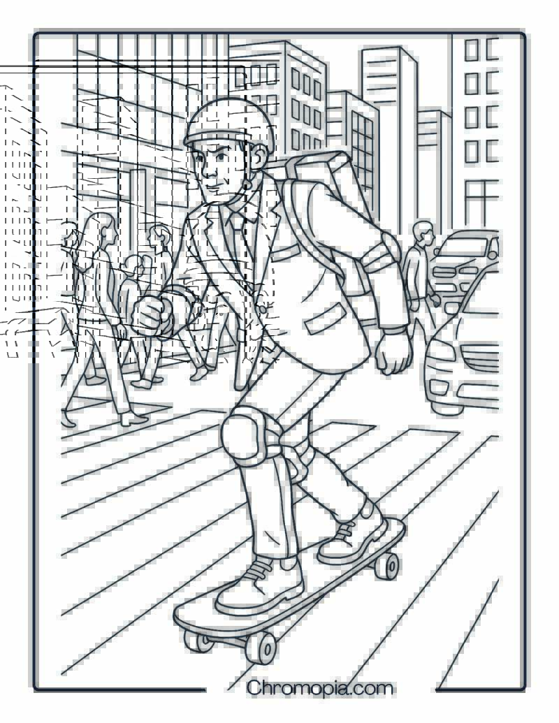 Middle-Aged Man in Business Suit Skating to Work – Man Skateboard Coloring Page