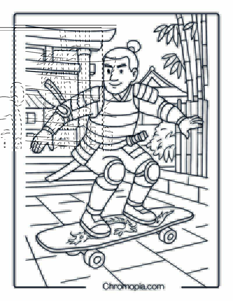 Middle-Aged Samurai Cosplayer on Board – Man Skateboard Coloring Page