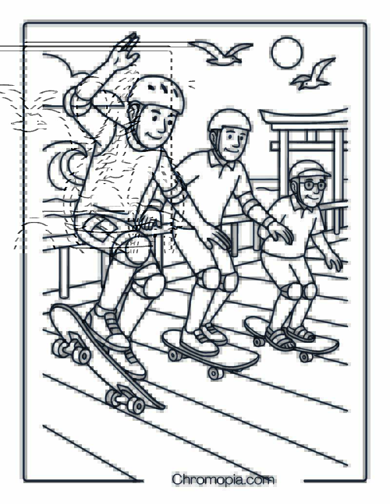 Three-Generation Men Skateboarding Together – Man Skateboard Coloring Page