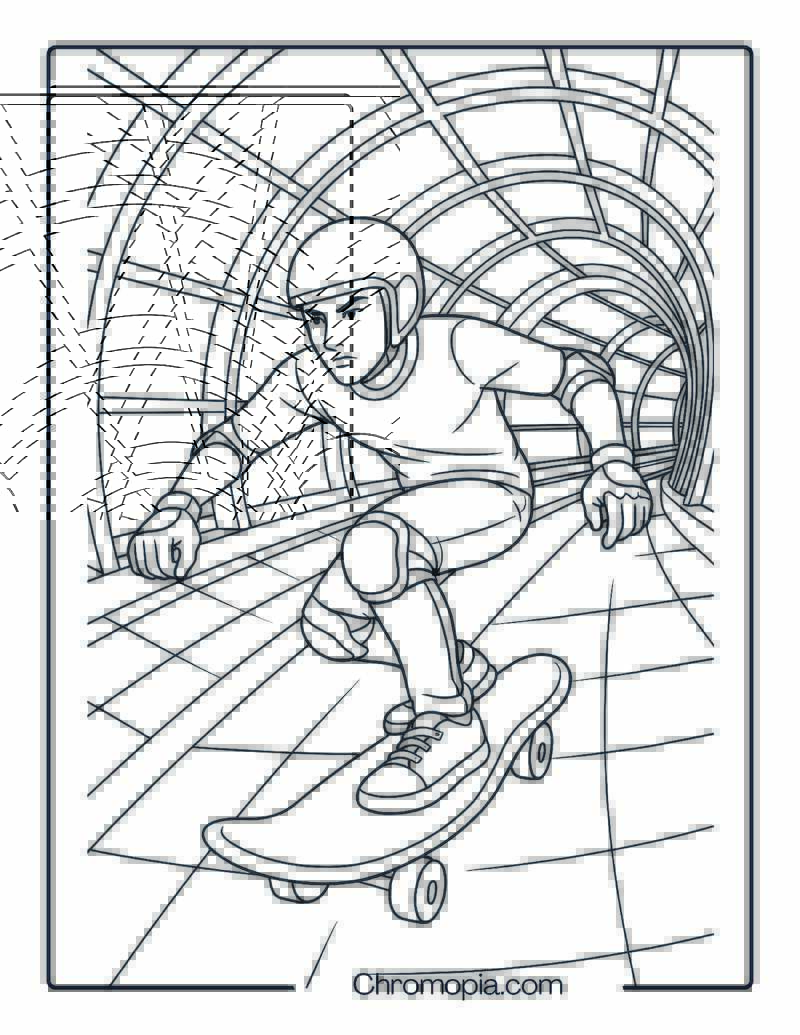 Young Man Skating Through Neon Tunnel – Man Skateboard Coloring Page
