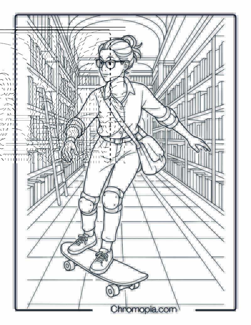 30-Year-Old Woman Skating Through Library Interior – Woman Skateboard Coloring Page