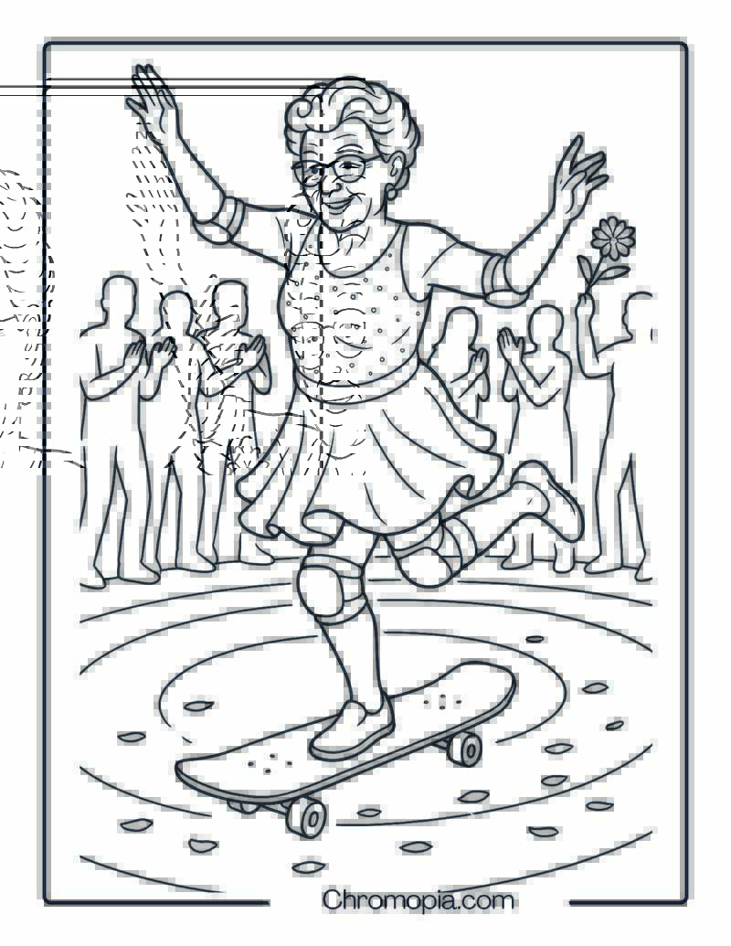 Elderly Woman Freestyle Dancing on Skateboard – Woman Skateboard Coloring Page