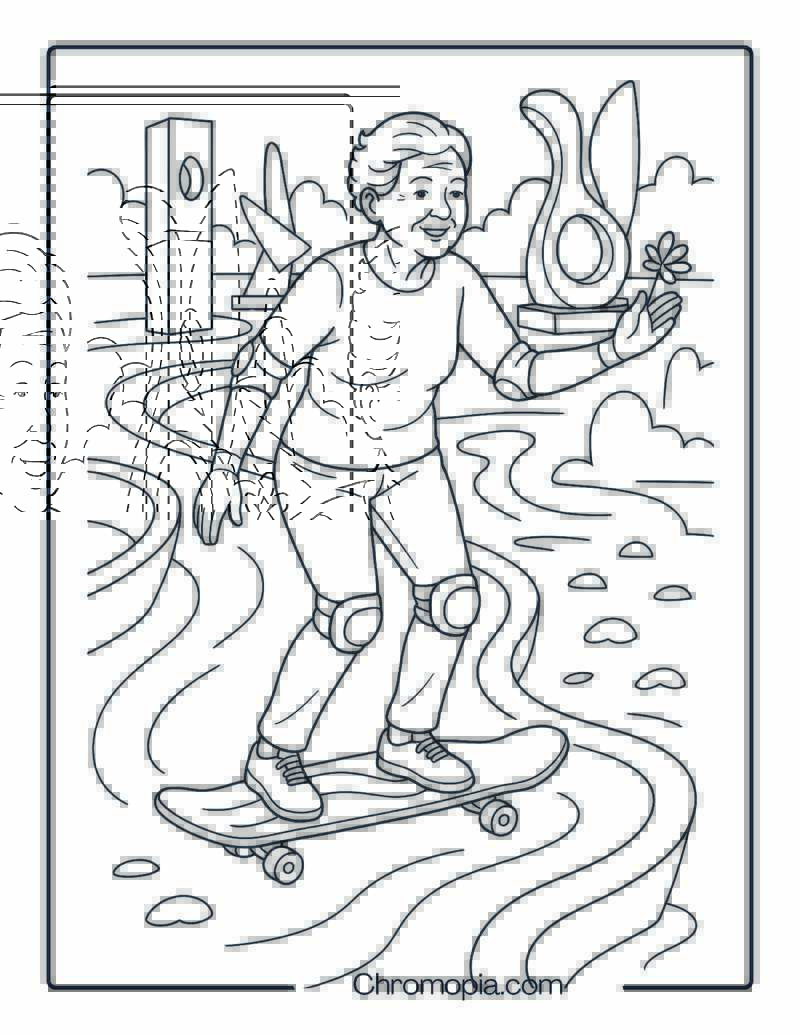 Elderly Woman on Sculptural Art Park Ramp – Woman Skateboard Coloring Page