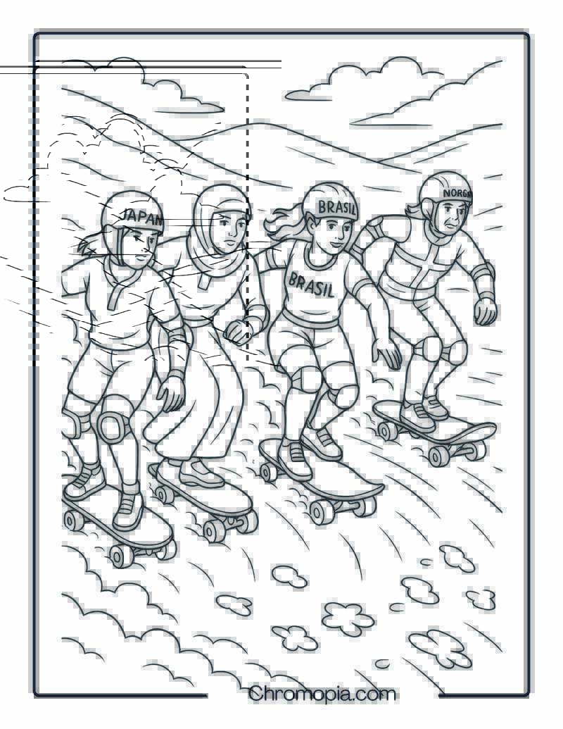 Four Women from Different Countries in Desert Rally – Woman Skateboard Coloring Page