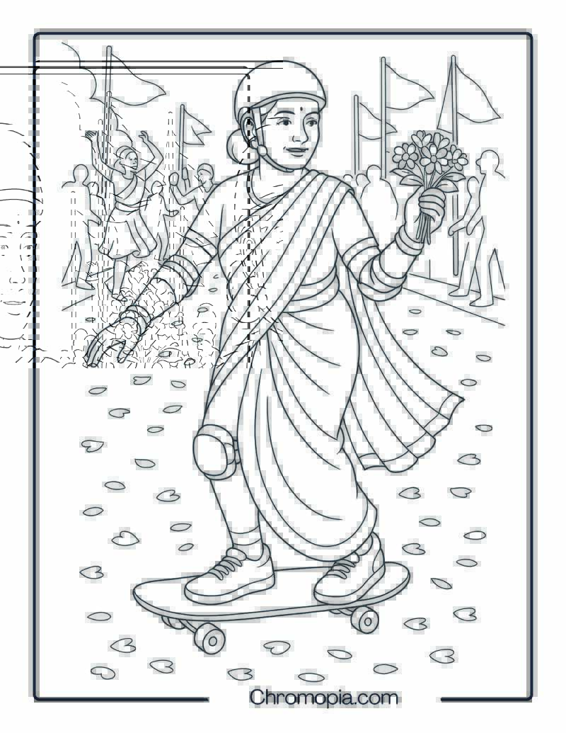 Middle-Aged Woman in Sari Skating in Cultural Parade – Woman Skateboard Coloring Page