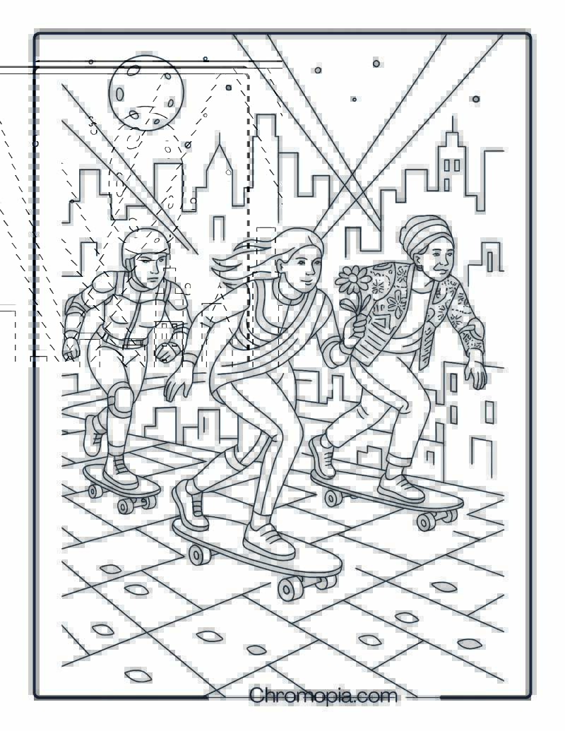 Three Women Racing Across Rooftop in Urban Nightscape – Woman Skateboard Coloring Page
