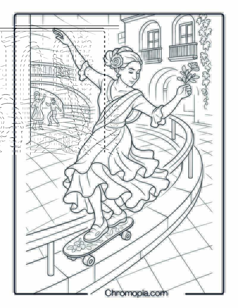Woman in Flamenco Dress on Curved Plaza Rail – Woman Skateboard Coloring Page