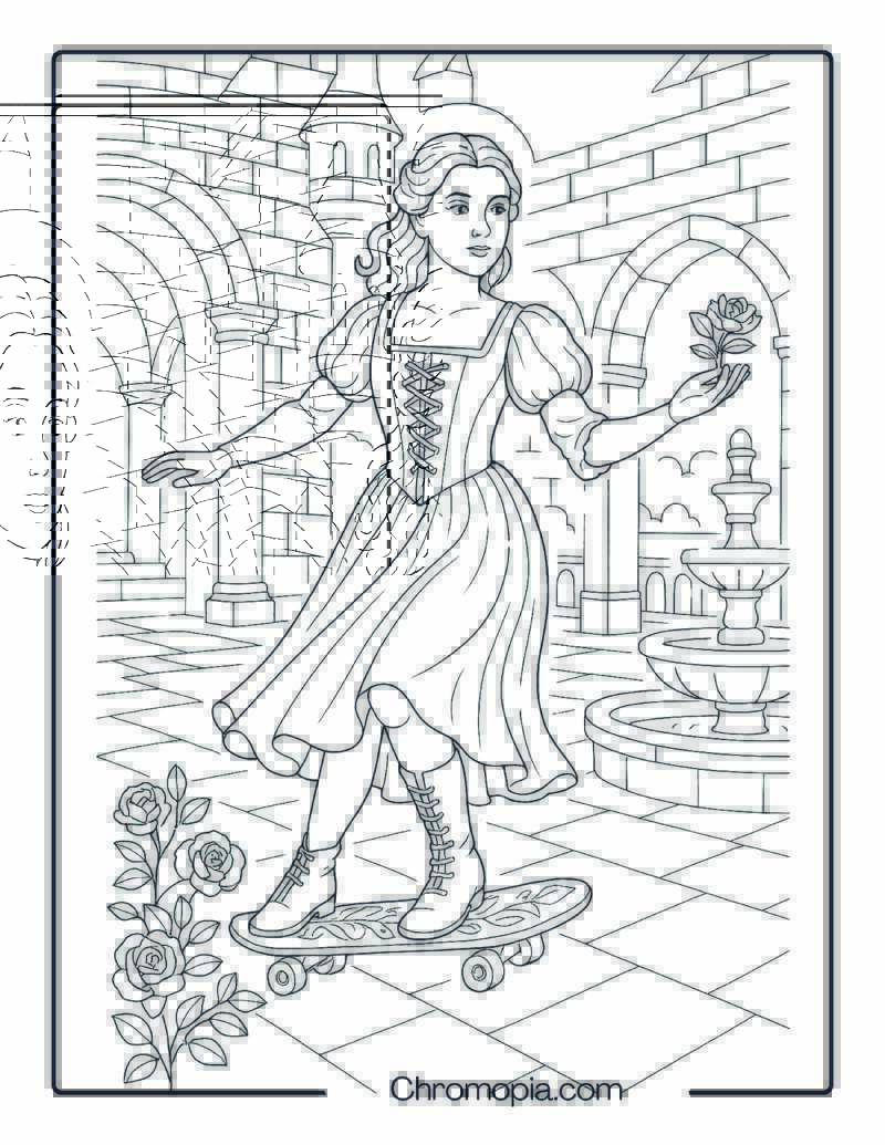 Woman in Renaissance Corset Skating in Castle Courtyard – Woman Skateboard Coloring Page