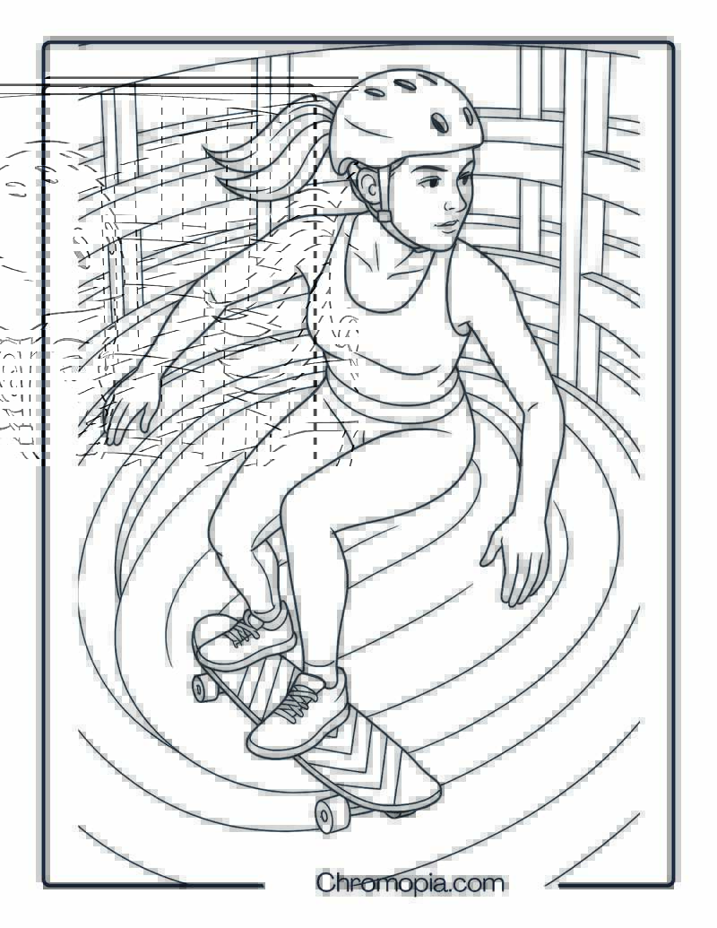 Young Woman Skating on Spiral Parking Garage Ramp – Woman Skateboard Coloring Page