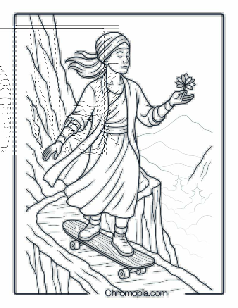 Zen Skating Meditation on Mountain Cliff Path – Woman Skateboard Coloring Page