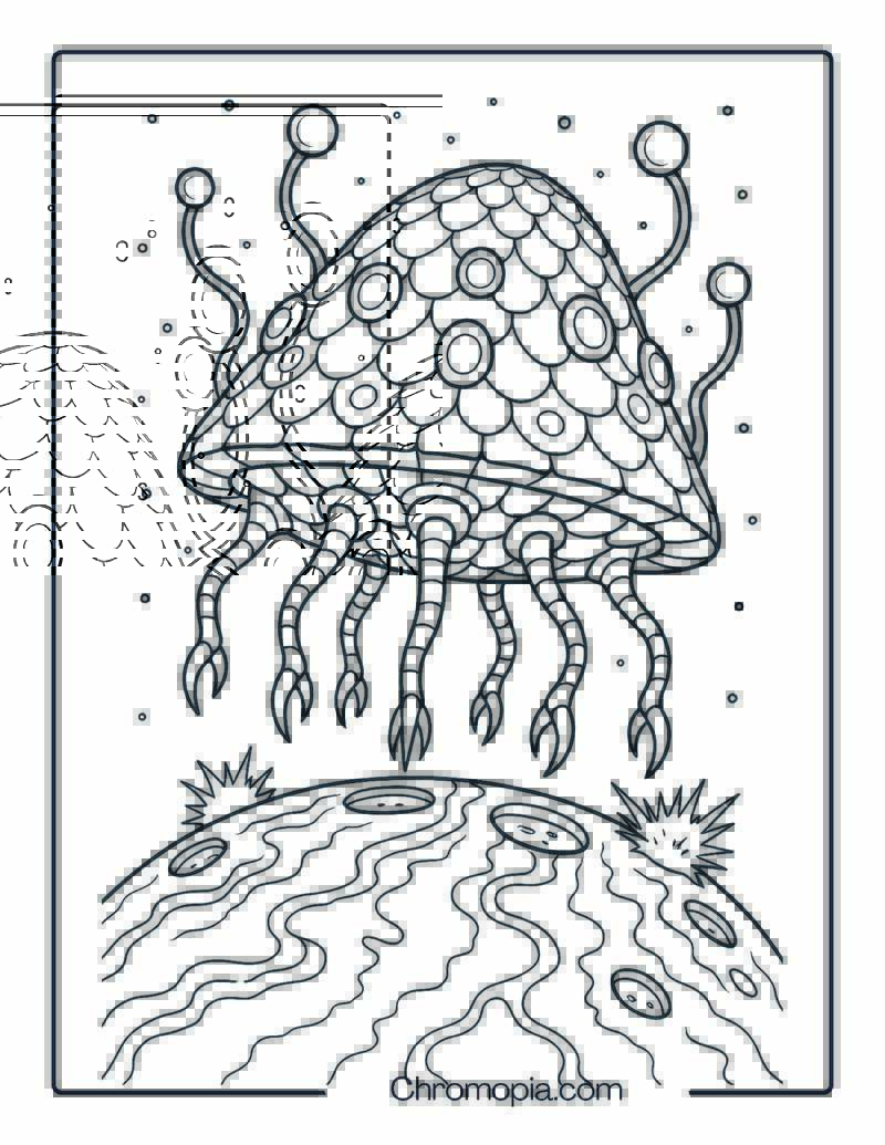 Alien Hive Spaceship Floating Over a Lava Planet – Alien Spaceship coloring page