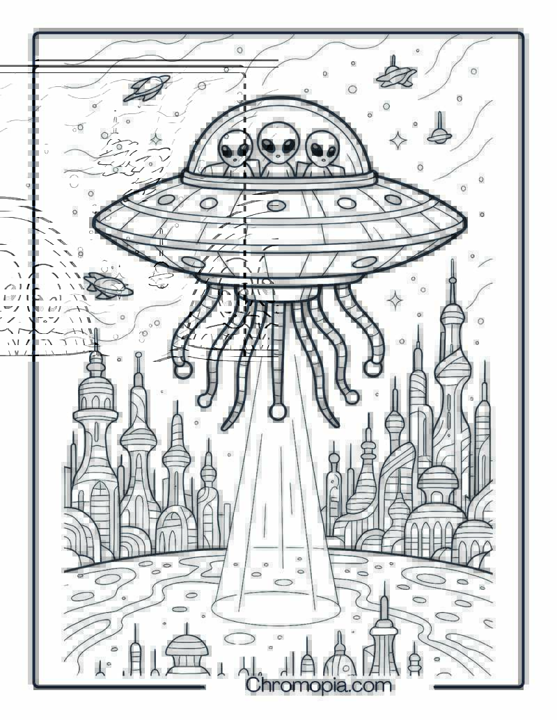 Flying Saucer Over Alien Cityscape – Alien Spaceship coloring page