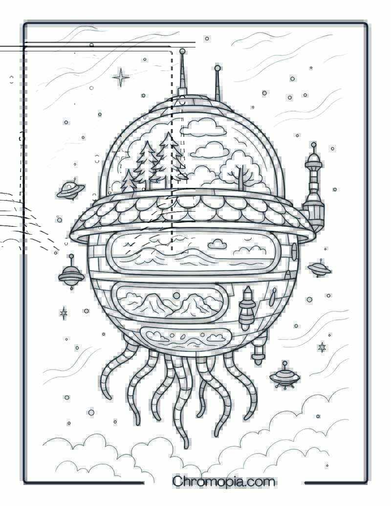 Multi-Layered Planet Ship with Biome Domes – Alien Spaceship coloring page