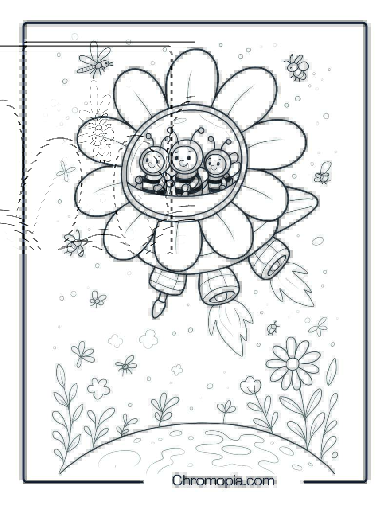 Cartoon Flower Spaceship Piloted by Bumblebees – Spaceship coloring page