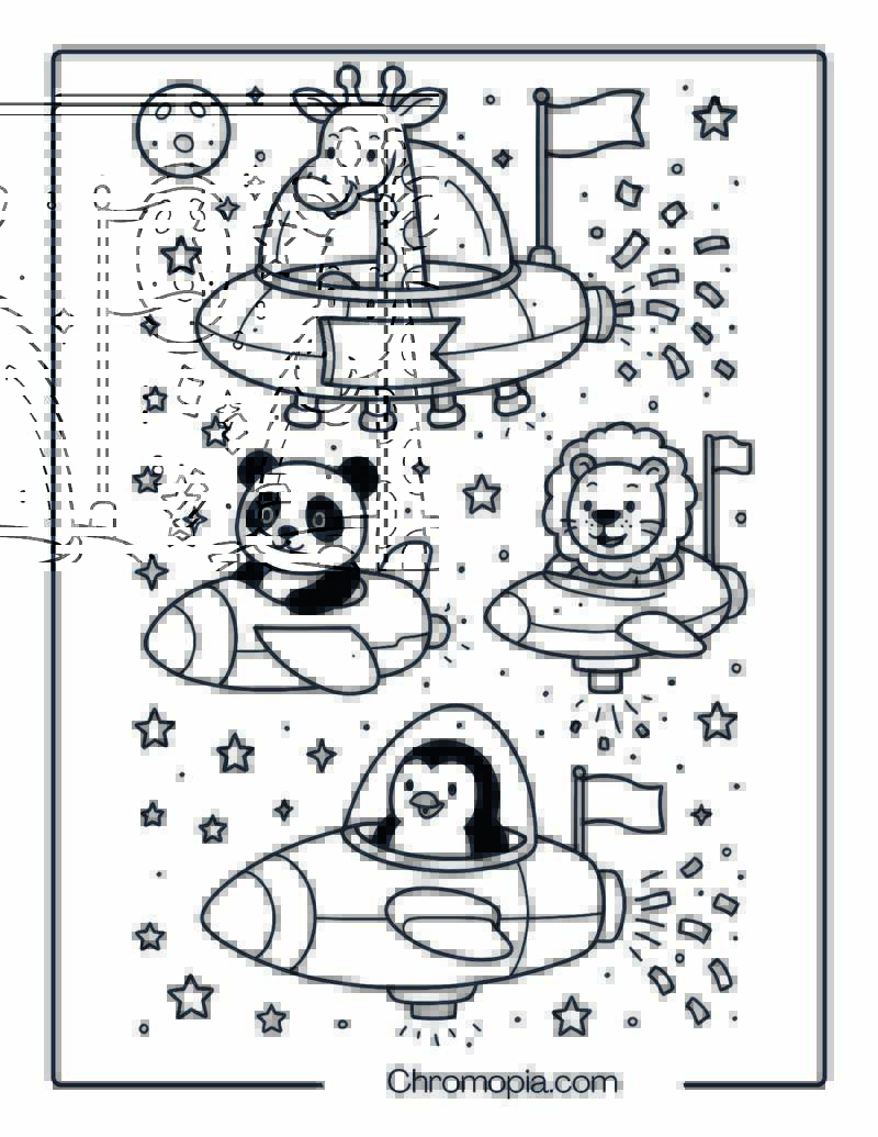 Cartoon Spaceship Parade with Animals on Board – Spaceship coloring page