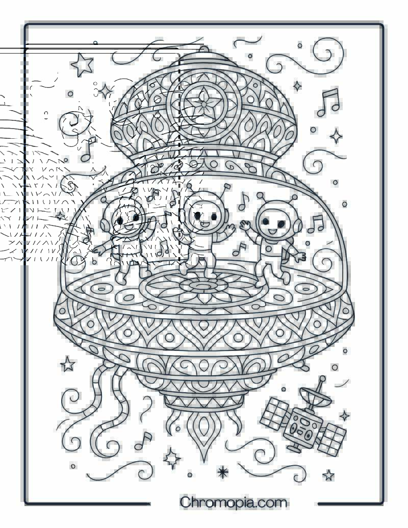 Funky Mandala Spaceship with Dancing Alien Kids – Spaceship coloring page