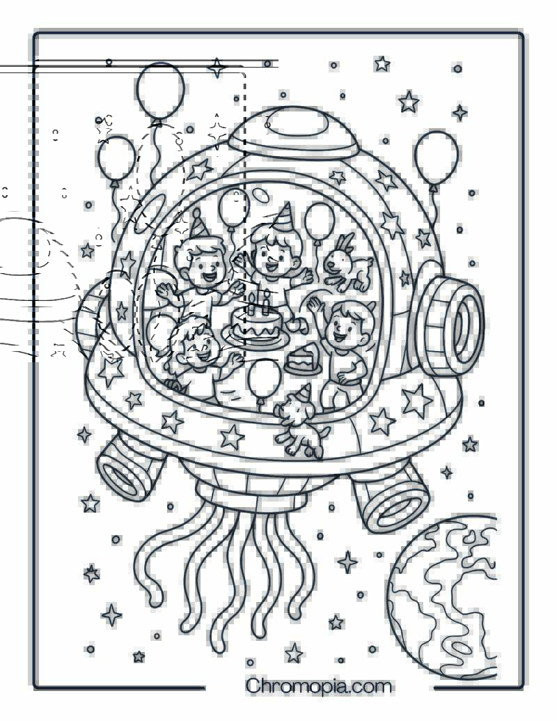 Giant Cartoon Spaceship with Kids Having a Birthday Party – Spaceship coloring page
