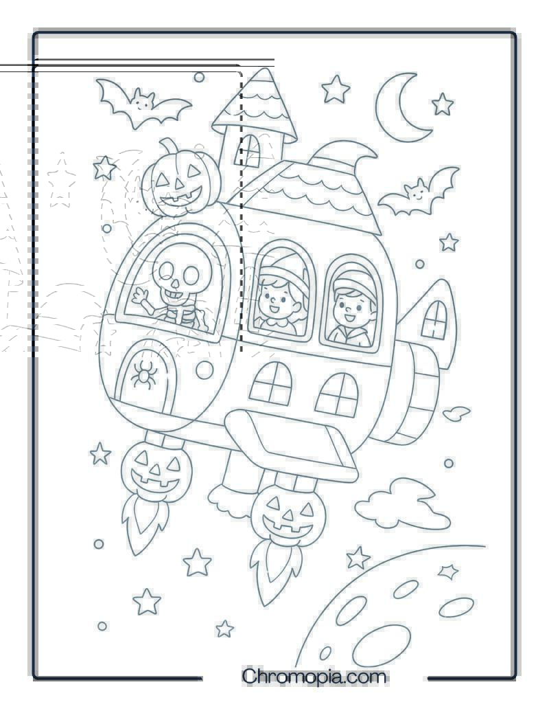Halloween Spaceship with Skeleton Crew and Pumpkin Rockets – Spaceship coloring page