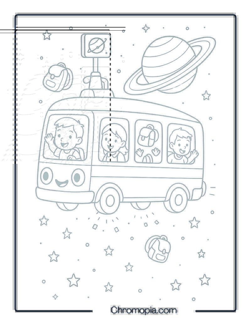 School Trip Spaceship with Kids Visiting Saturn – Spaceship coloring page