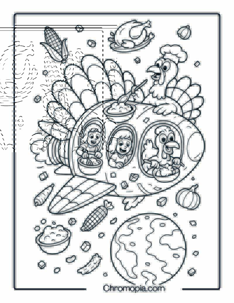 Thanksgiving Spaceship Piloted by Turkeys and Kids – Spaceship coloring page