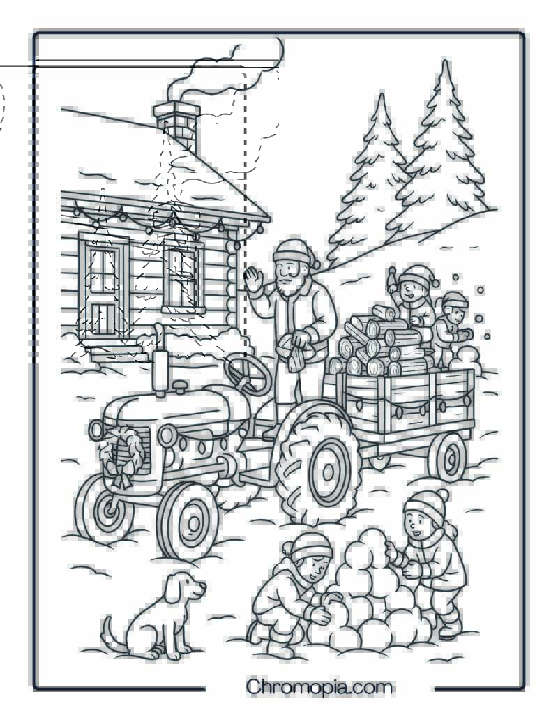 Christmas Eve Tractor Loading Firewood for Cabin – Christmas Tractor Coloring Page