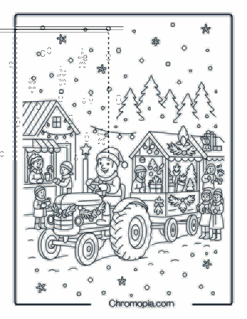 Christmas Market Tractor Train with Holiday Stalls – Christmas Tractor Coloring Page