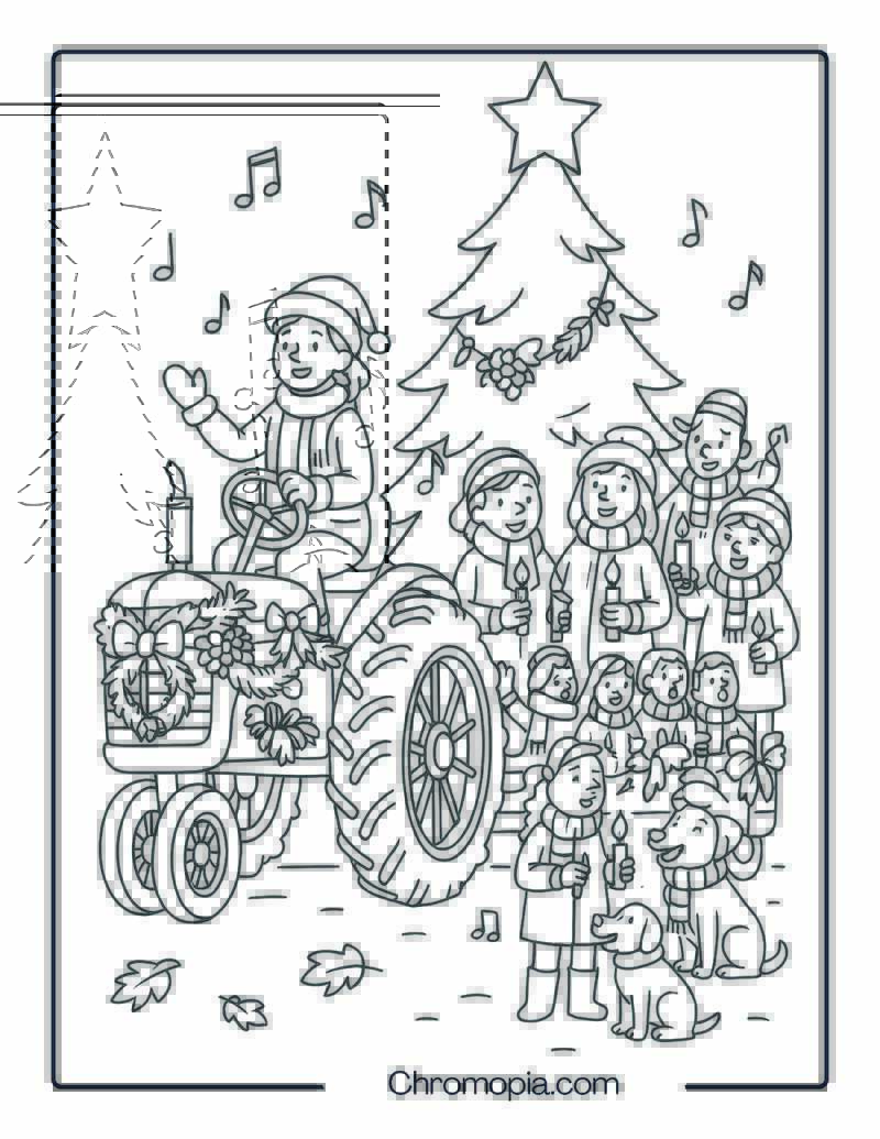 Christmas Tree Tractor Parade with Carolers – Christmas Tractor Coloring Page