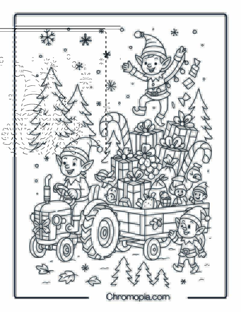 Elf Workshop Tractor Transporting Gifts – Christmas Tractor Coloring Page