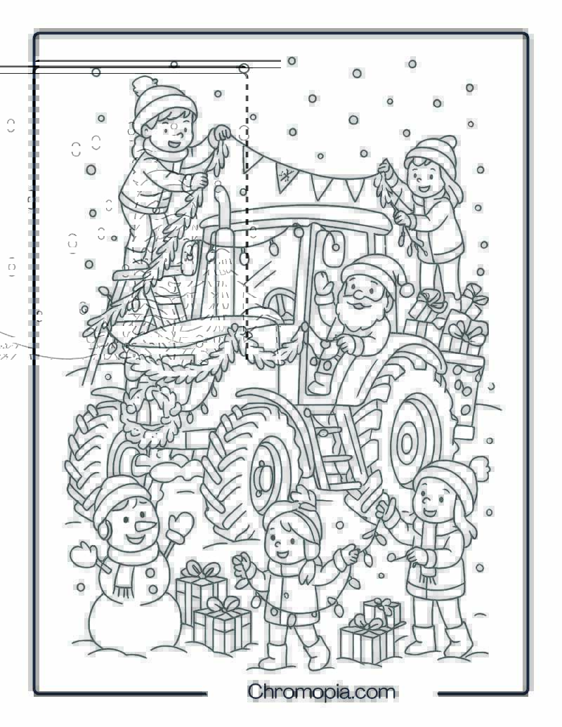 Kids Decorating Tractor with Snowmen and Garland – Christmas Tractor Coloring Page