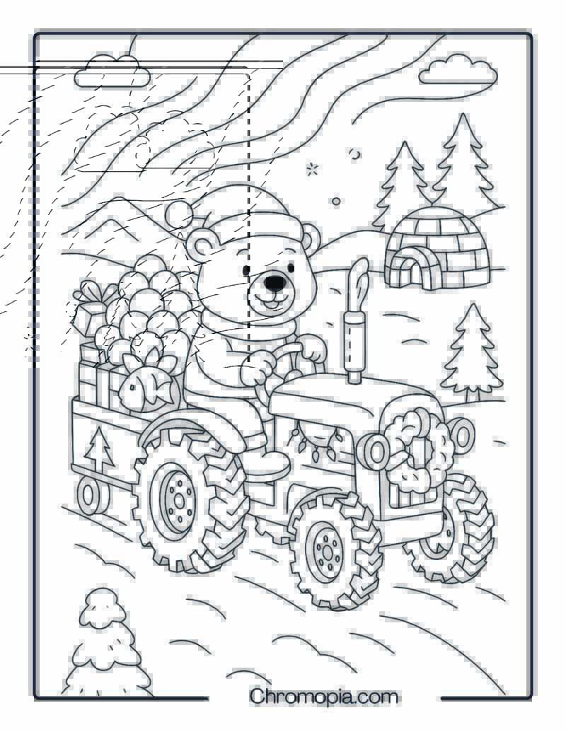 Polar Bear Driving Snow Tractor at the North Pole – Christmas Tractor Coloring Page