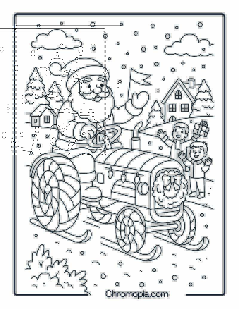 Santa Claus Driving a Candy Cane Tractor Through Snowy Village – Christmas Tractor Coloring Page