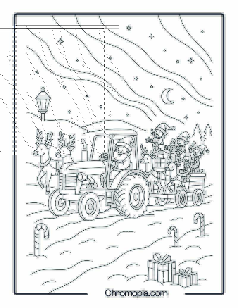 Tractor Pulling Toy Reindeer Across Snow Track – Christmas Tractor Coloring Page